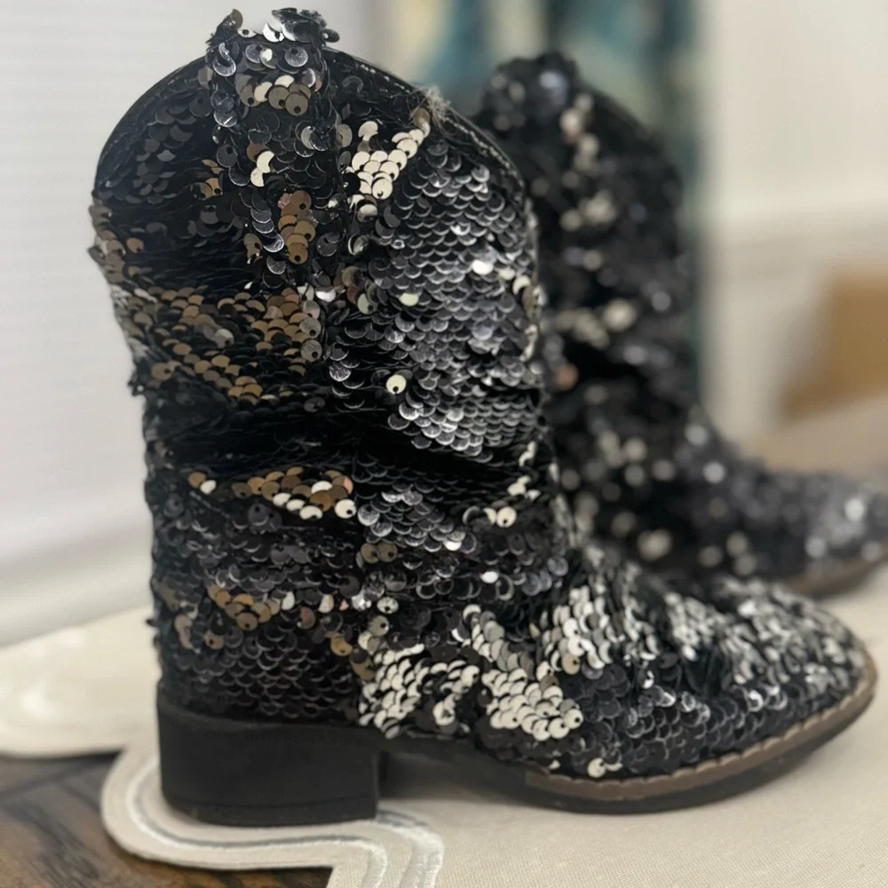 Laredo Black Sequin Square Toe Boots Cowgirl Horse Riding Rodeo Sz 10
